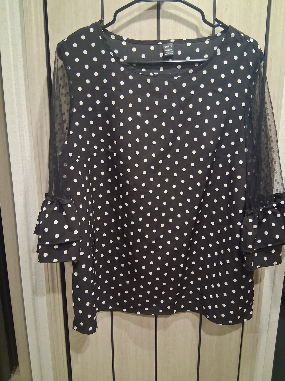 SHEIN Black & White Polka Dot Mesh Sleeve Blouse